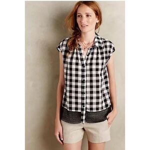 Anthropologie HOLDING HORSES Nellie Black White Gingham Lace Top Buttons Large